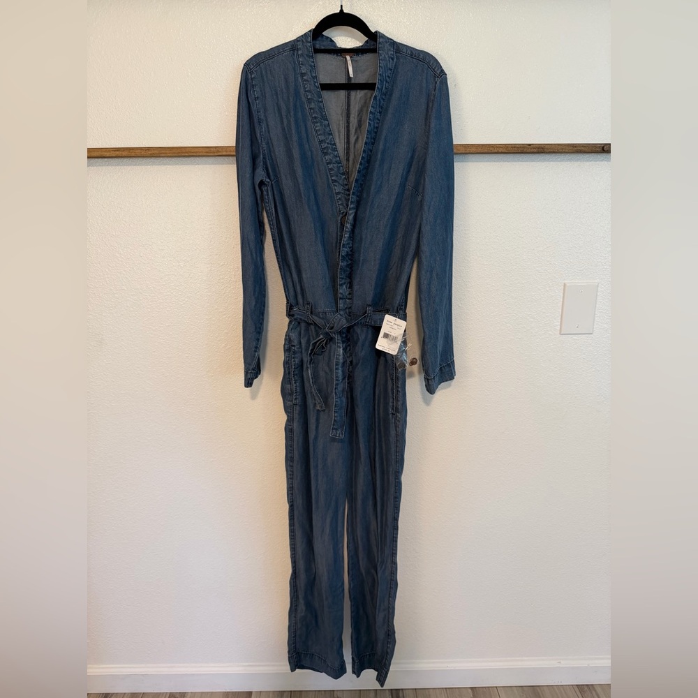 Free People chambray denim romper with tie waist NWT